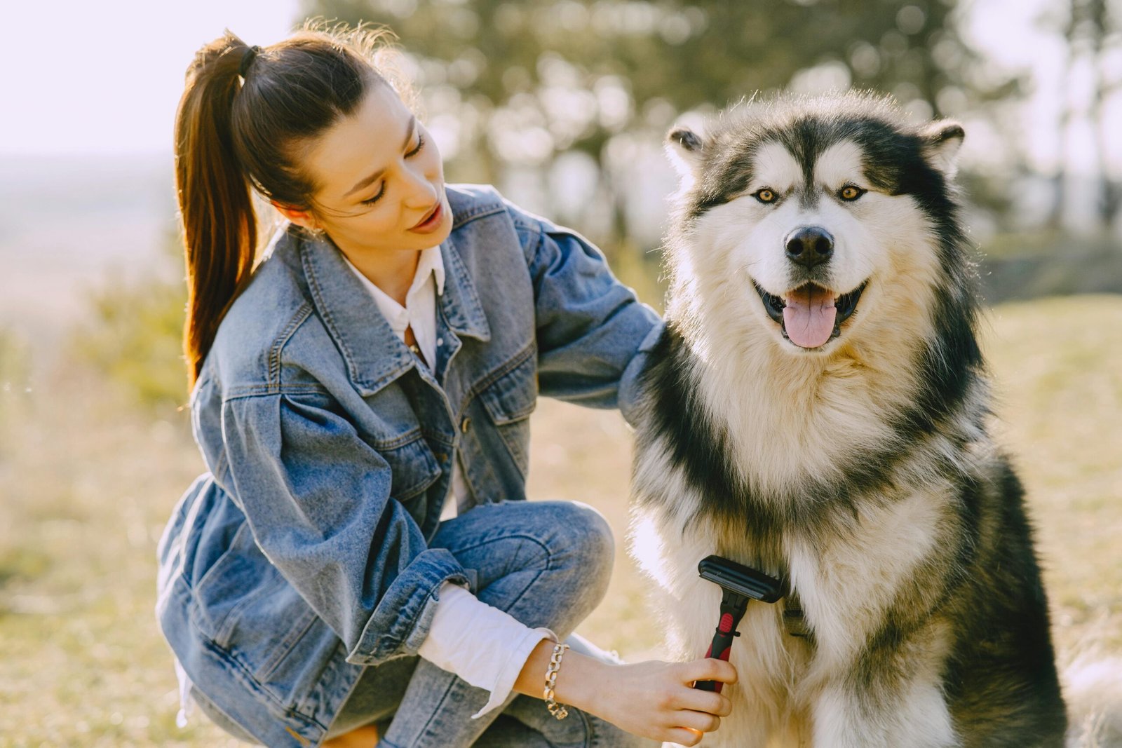 Woman brushing a Siberian Husky dog outdoors